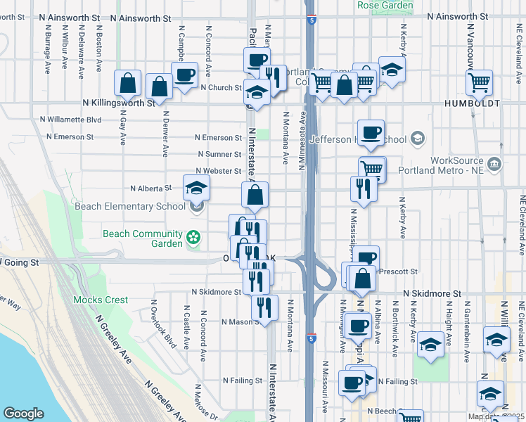 map of restaurants, bars, coffee shops, grocery stores, and more near 4818 North Interstate Avenue in Portland