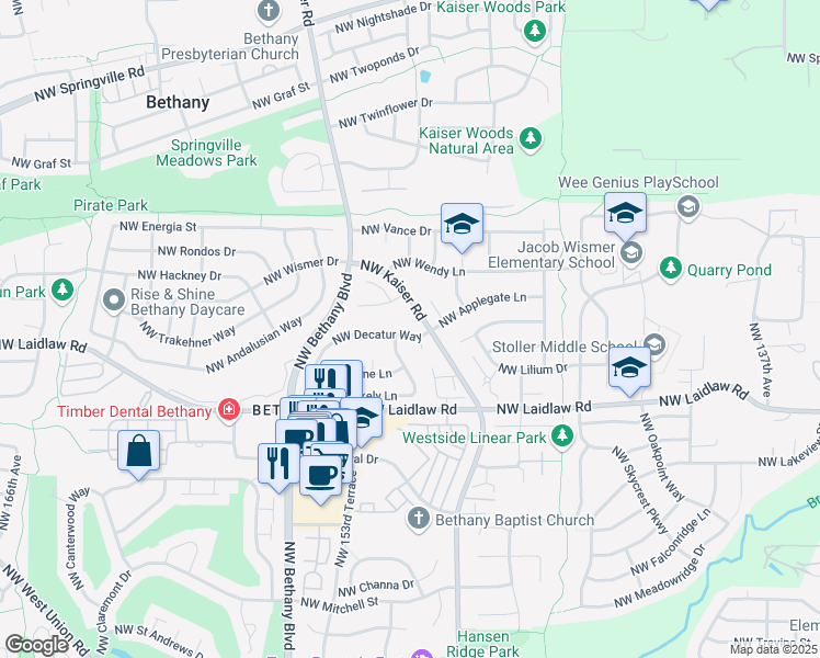 map of restaurants, bars, coffee shops, grocery stores, and more near 15075 Northwest Decatur Way in Portland