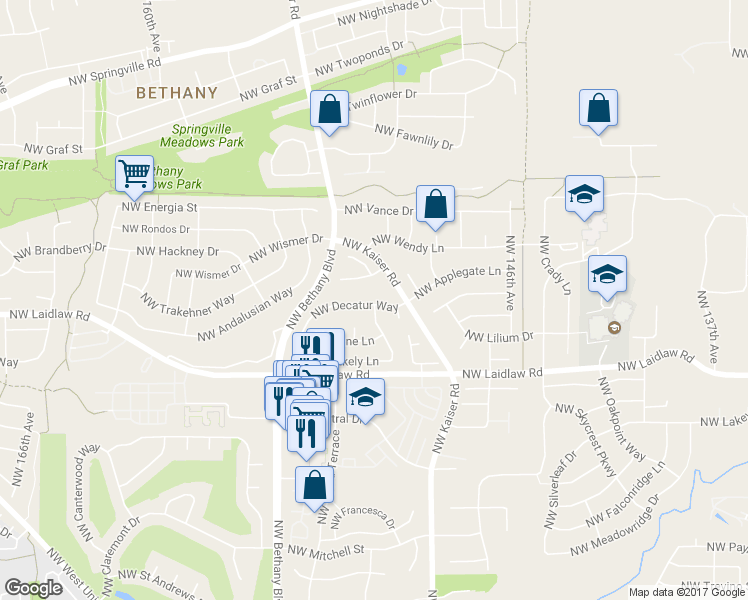 map of restaurants, bars, coffee shops, grocery stores, and more near 15075 Northwest Decatur Way in Portland