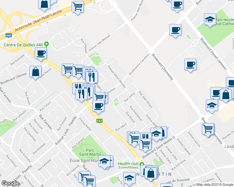 map of restaurants, bars, coffee shops, grocery stores, and more near 2090 Rue Mayfield in Laval