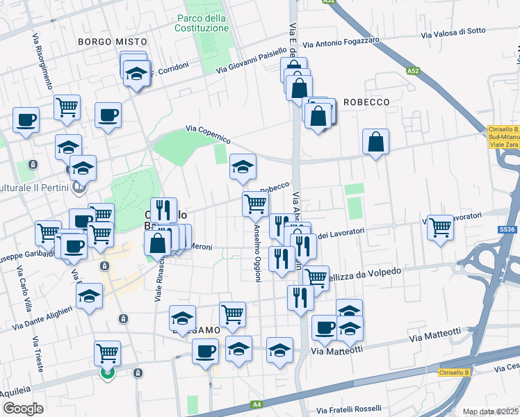 map of restaurants, bars, coffee shops, grocery stores, and more near 11 Via Anselmo Oggioni in Cinisello Balsamo