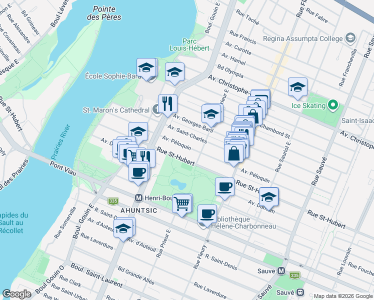 map of restaurants, bars, coffee shops, grocery stores, and more near 10556 Avenue Péloquin in Montréal