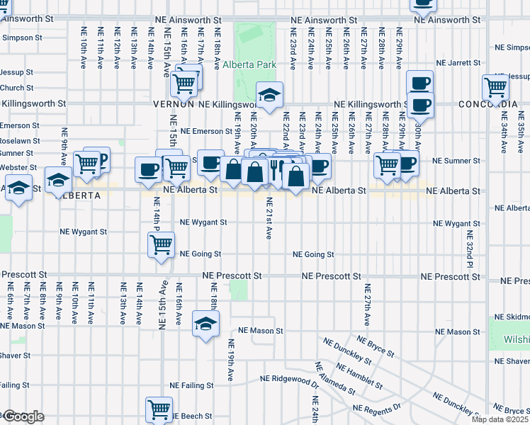 map of restaurants, bars, coffee shops, grocery stores, and more near 4823 Northeast 21st Avenue in Portland