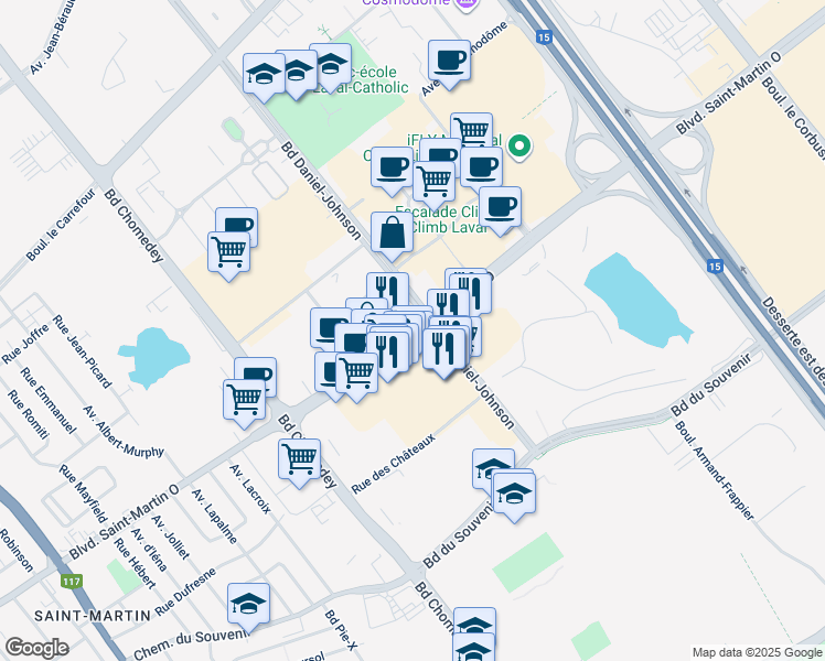 map of restaurants, bars, coffee shops, grocery stores, and more near 3131 Boulevard Saint-Martin Ouest in Laval