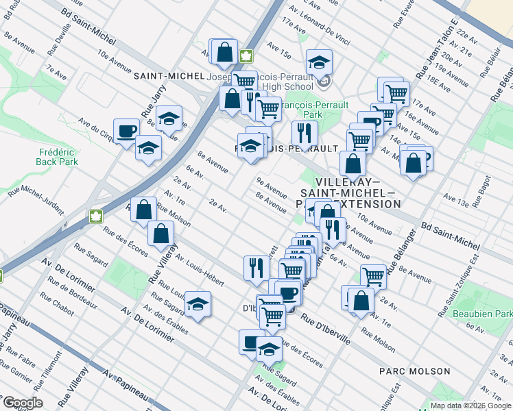 map of restaurants, bars, coffee shops, grocery stores, and more near 4444 Rue Rivard in Montréal