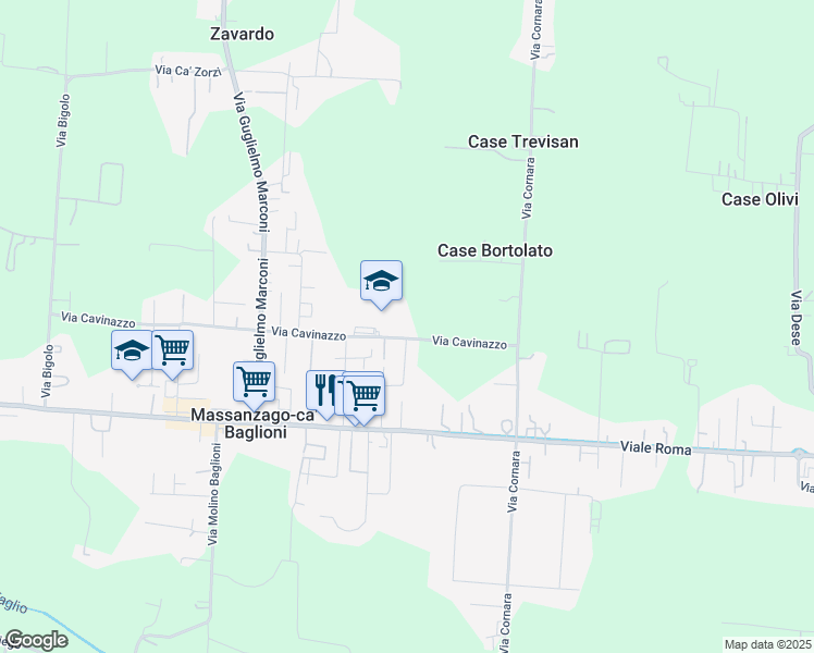 map of restaurants, bars, coffee shops, grocery stores, and more near 37 Via Cavinazzo in Massanzago-ca' Baglioni