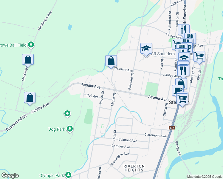 map of restaurants, bars, coffee shops, grocery stores, and more near Acadia Avenue in Stellarton
