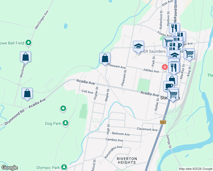 map of restaurants, bars, coffee shops, grocery stores, and more near Acadia Avenue in Stellarton