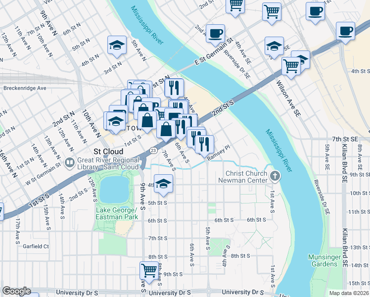 map of restaurants, bars, coffee shops, grocery stores, and more near 224 6th Avenue North in St. Cloud