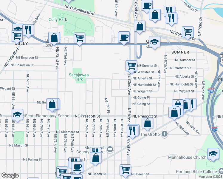 map of restaurants, bars, coffee shops, grocery stores, and more near Northeast Wygant Street in Portland