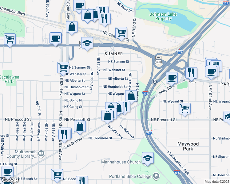 map of restaurants, bars, coffee shops, grocery stores, and more near 8907 Northeast Wygant Street in Portland