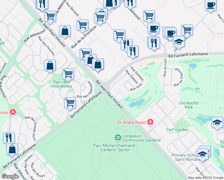 map of restaurants, bars, coffee shops, grocery stores, and more near 1038 Rue Gendron in Longueuil