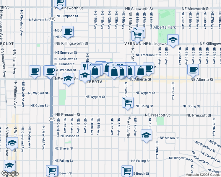 map of restaurants, bars, coffee shops, grocery stores, and more near 4857 Northeast 13th Avenue in Portland
