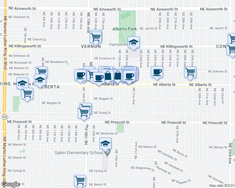 map of restaurants, bars, coffee shops, grocery stores, and more near 4829 Northeast 19th Avenue in Portland