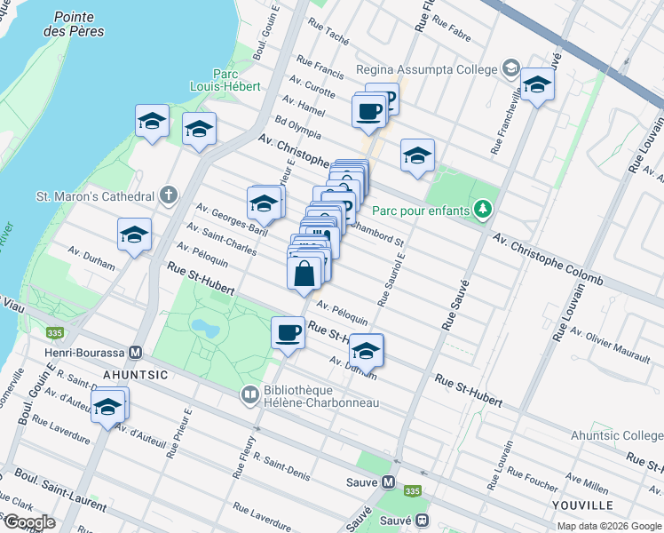 map of restaurants, bars, coffee shops, grocery stores, and more near 1050 Rue Fleury Est in Montréal