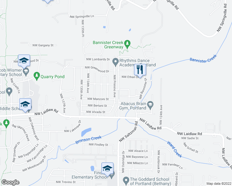 map of restaurants, bars, coffee shops, grocery stores, and more near 5372 Northwest Primino Avenue in Portland