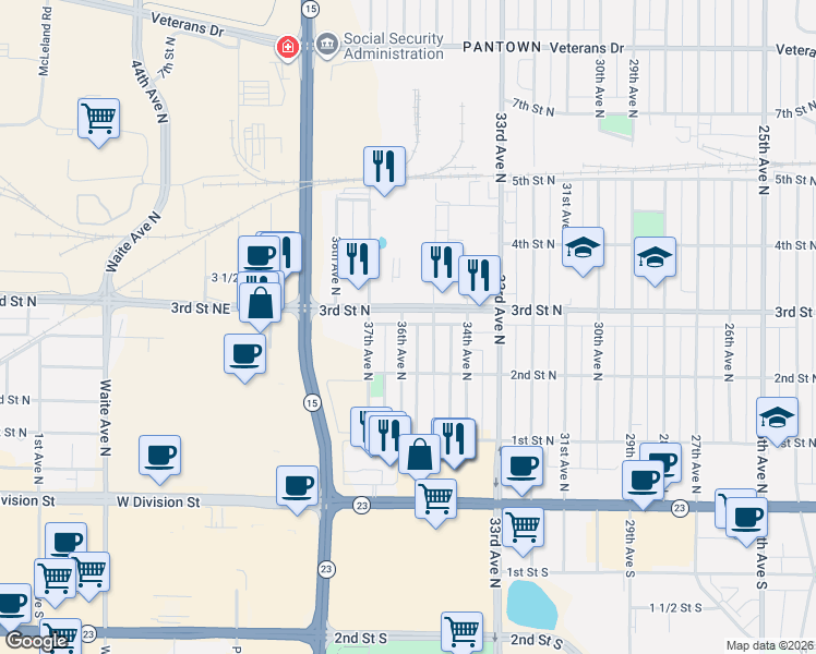map of restaurants, bars, coffee shops, grocery stores, and more near 230 36th Avenue North in St. Cloud