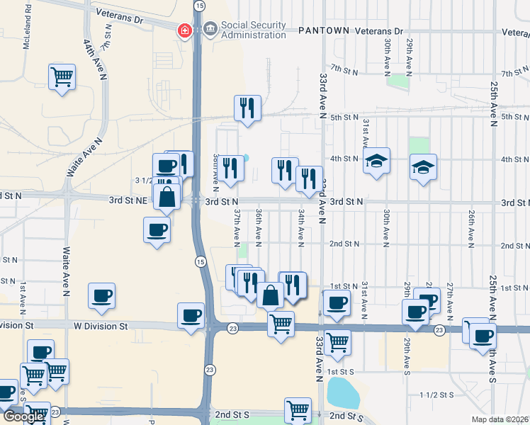 map of restaurants, bars, coffee shops, grocery stores, and more near 230 36th Avenue North in St. Cloud