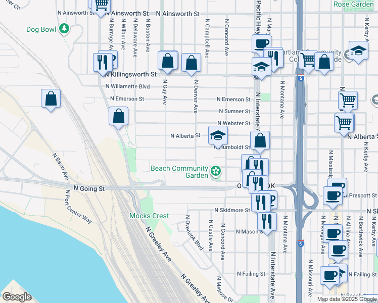 map of restaurants, bars, coffee shops, grocery stores, and more near 2026 North Humboldt Street in Portland