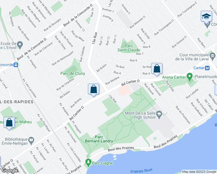 map of restaurants, bars, coffee shops, grocery stores, and more near 273 Boulevard Cartier Ouest in Laval