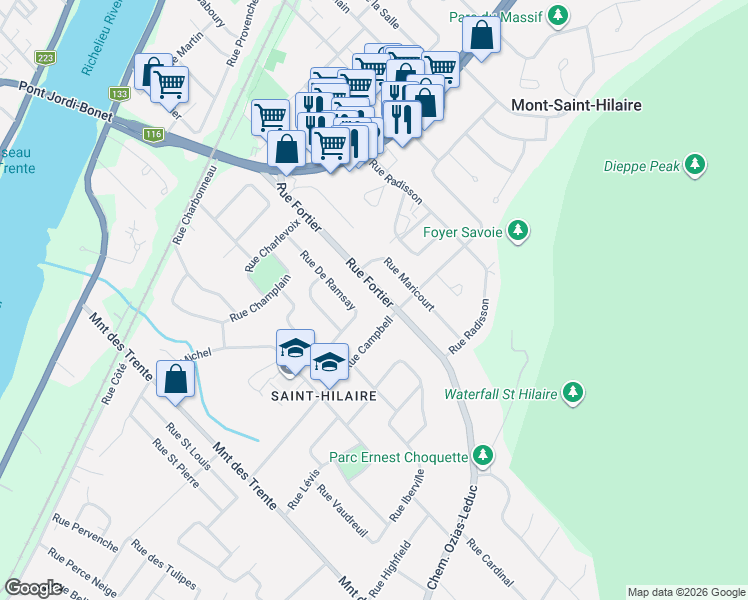 map of restaurants, bars, coffee shops, grocery stores, and more near 382 Rue Fortier in Mont-Saint-Hilaire