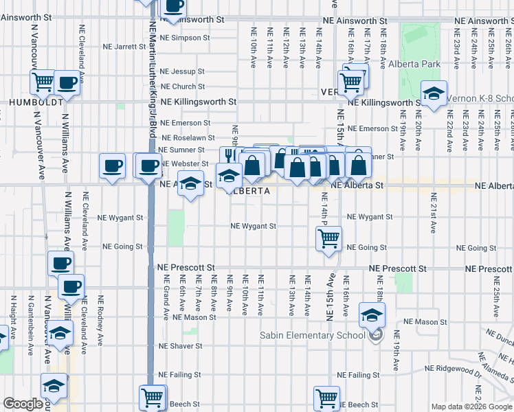 map of restaurants, bars, coffee shops, grocery stores, and more near 4845 Northeast 11th Avenue in Portland