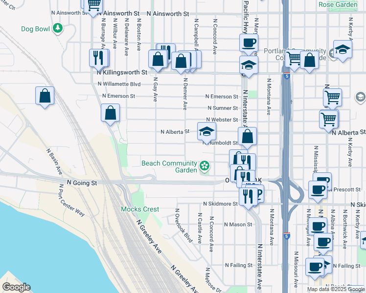 map of restaurants, bars, coffee shops, grocery stores, and more near 2026 North Humboldt Street in Portland