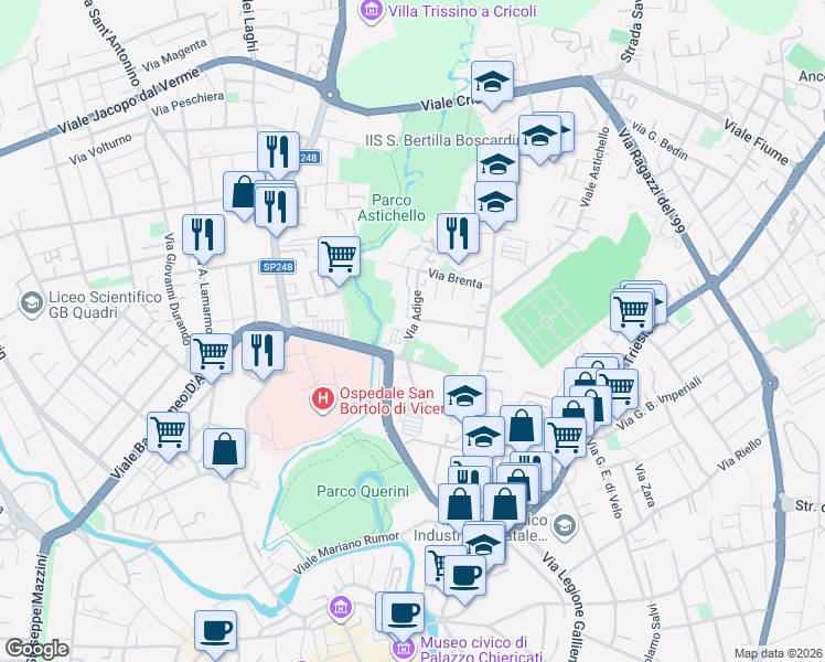map of restaurants, bars, coffee shops, grocery stores, and more near 16 Via Adige in Vicenza