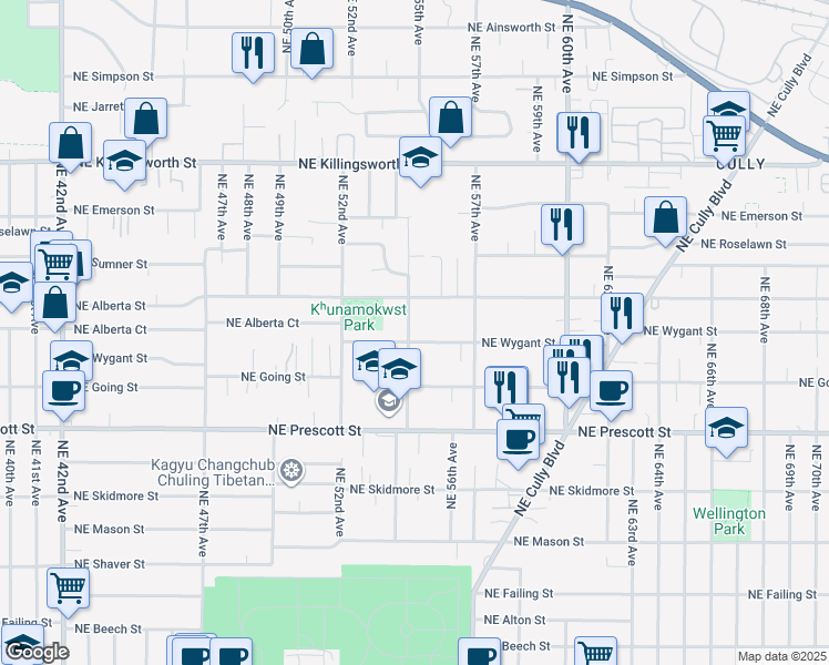 map of restaurants, bars, coffee shops, grocery stores, and more near 5505 Northeast Wygant Street in Portland