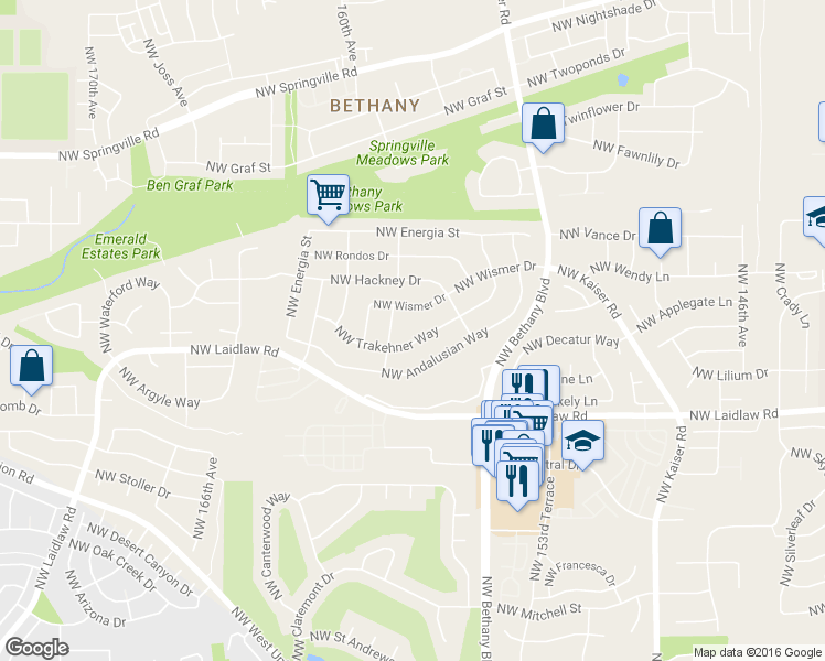 map of restaurants, bars, coffee shops, grocery stores, and more near 15789 Northwest Trakehner Way in Portland