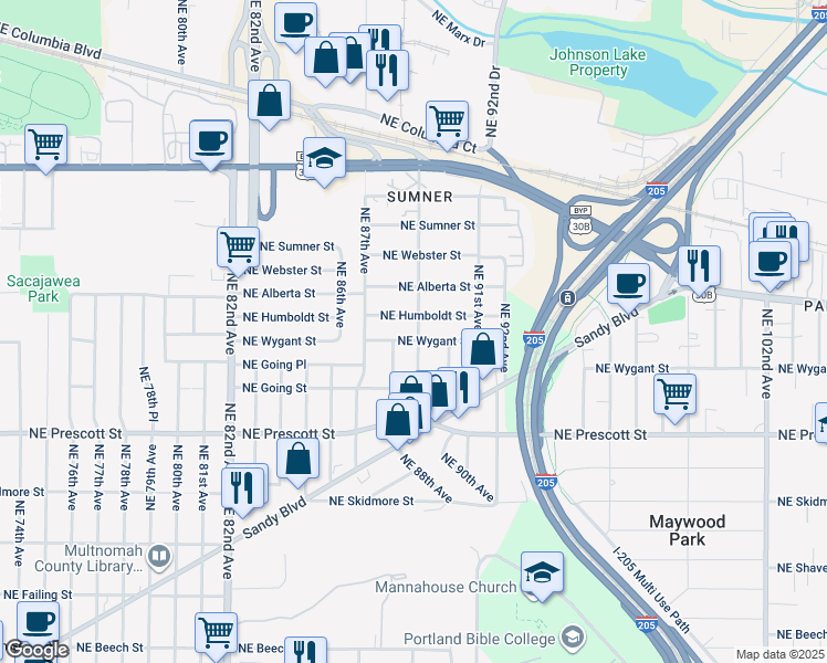 map of restaurants, bars, coffee shops, grocery stores, and more near 8907 Northeast Wygant Street in Portland