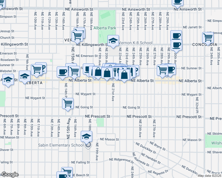 map of restaurants, bars, coffee shops, grocery stores, and more near 4814 Northeast 20th Avenue in Portland