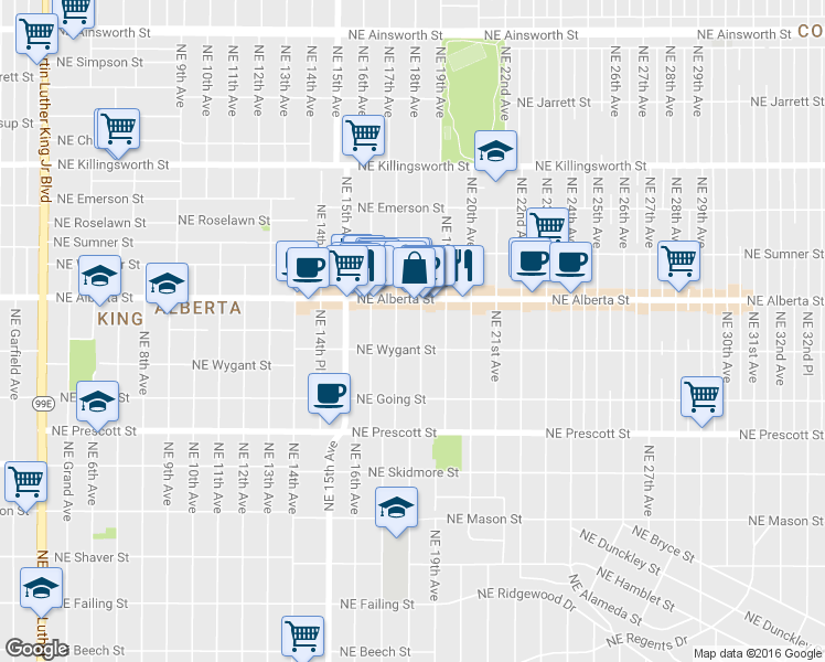 map of restaurants, bars, coffee shops, grocery stores, and more near 4816 Northeast 17th Avenue in Portland