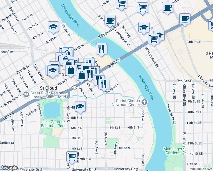 map of restaurants, bars, coffee shops, grocery stores, and more near 302 5th Avenue North in St. Cloud