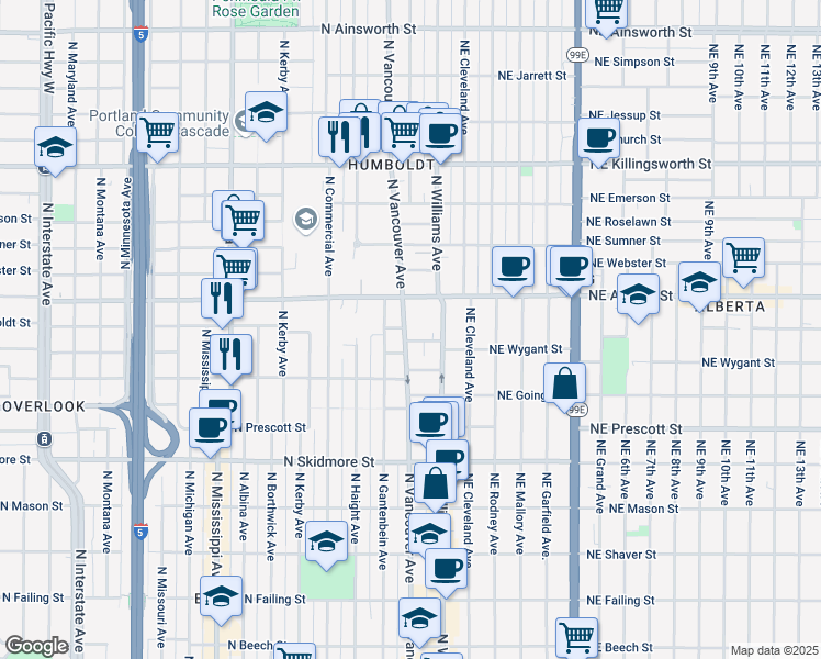 map of restaurants, bars, coffee shops, grocery stores, and more near 220 North Humboldt Street in Portland