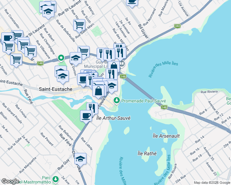 map of restaurants, bars, coffee shops, grocery stores, and more near 3 Rue de Bellefeuille in Saint-Eustache