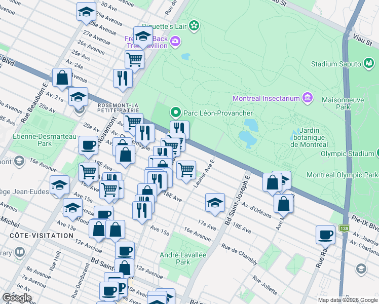 map of restaurants, bars, coffee shops, grocery stores, and more near 5347 Avenue Jeanne-d'Arc in Montréal