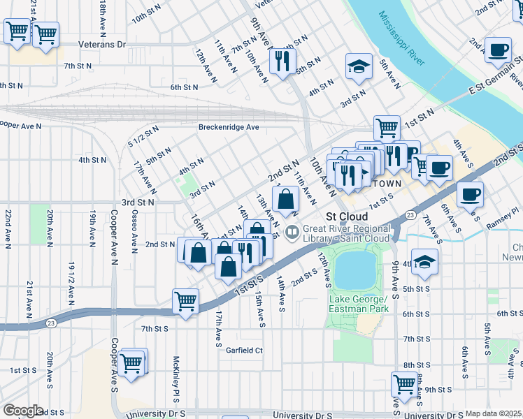 map of restaurants, bars, coffee shops, grocery stores, and more near 101 13th Avenue North in St. Cloud