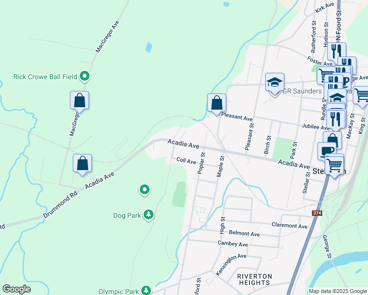 map of restaurants, bars, coffee shops, grocery stores, and more near 101 Acadia Avenue in Stellarton