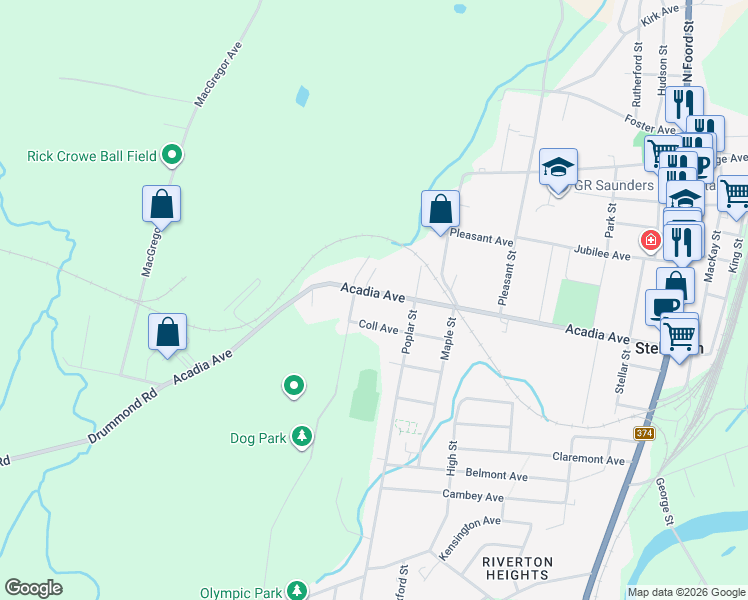 map of restaurants, bars, coffee shops, grocery stores, and more near 101 Acadia Avenue in Stellarton