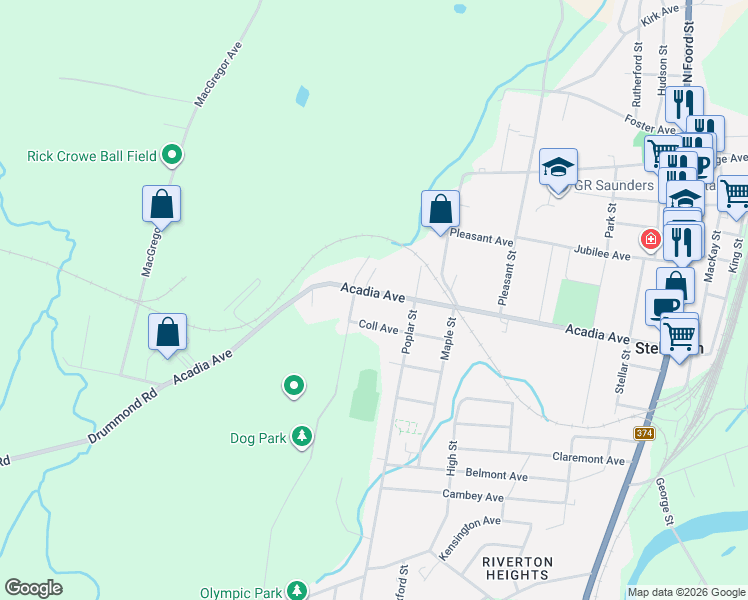 map of restaurants, bars, coffee shops, grocery stores, and more near 101 Acadia Avenue in Stellarton