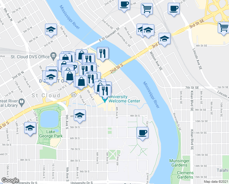 map of restaurants, bars, coffee shops, grocery stores, and more near 328 4th Avenue South in St. Cloud