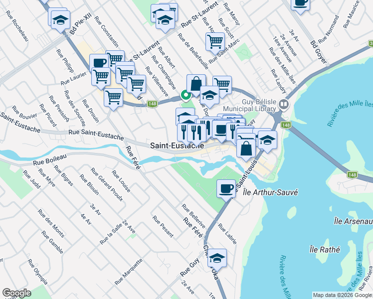 map of restaurants, bars, coffee shops, grocery stores, and more near 219 Rue Saint-Eustache in Saint-Eustache