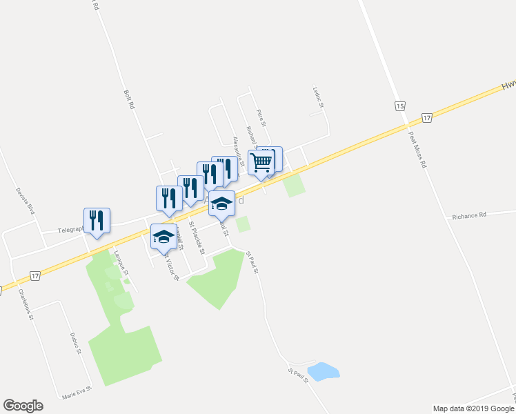 map of restaurants, bars, coffee shops, grocery stores, and more near 42 Du Moulin Street in Alfred