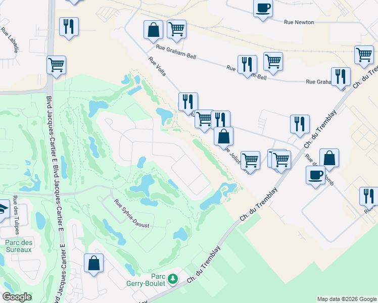 map of restaurants, bars, coffee shops, grocery stores, and more near 3265 Rue Jean-Paul-Lemieux in Longueuil