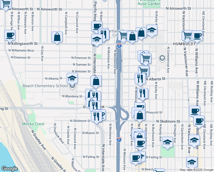 map of restaurants, bars, coffee shops, grocery stores, and more near North Humboldt Street in Portland