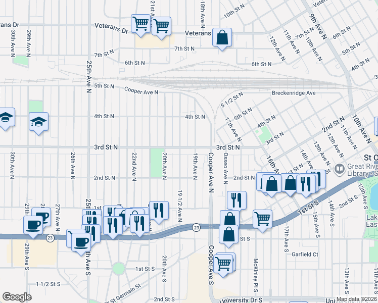 map of restaurants, bars, coffee shops, grocery stores, and more near 239 19th Avenue North in St. Cloud