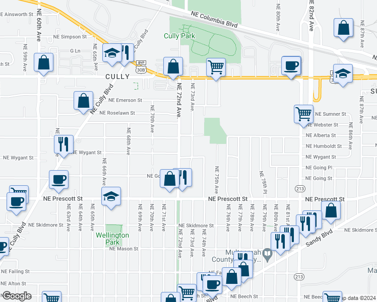 map of restaurants, bars, coffee shops, grocery stores, and more near 7314 Northeast Wygant Street in Portland