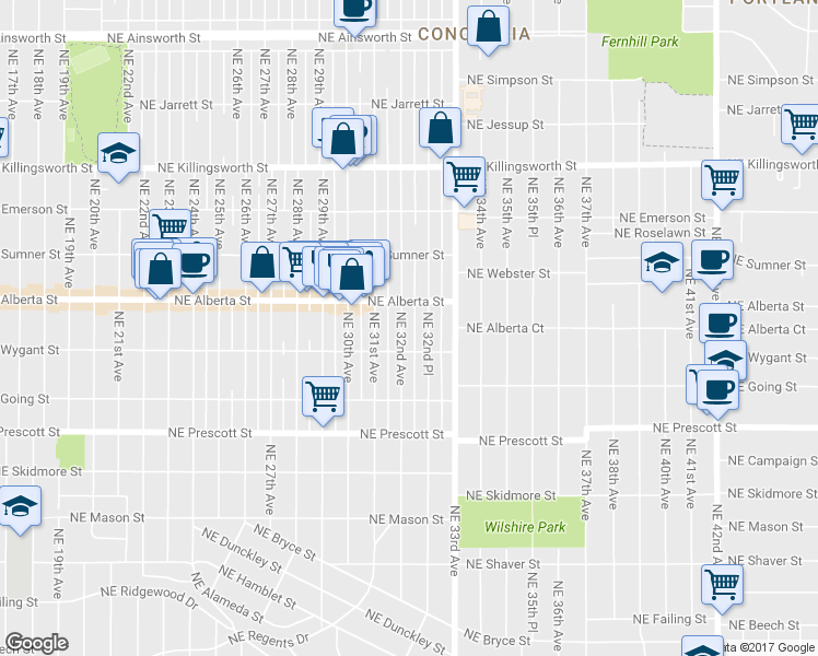 map of restaurants, bars, coffee shops, grocery stores, and more near 4818 Northeast 32nd Avenue in Portland