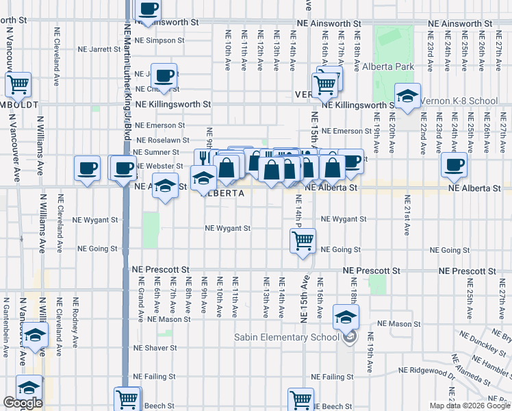 map of restaurants, bars, coffee shops, grocery stores, and more near 4848 Northeast 12th Avenue in Portland